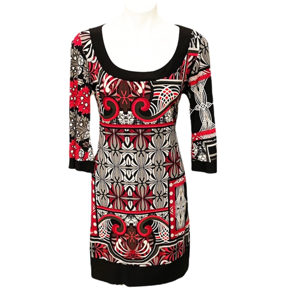 Tiana B 3/4 Sleeve Red & Black Mixed Print Shift Dress